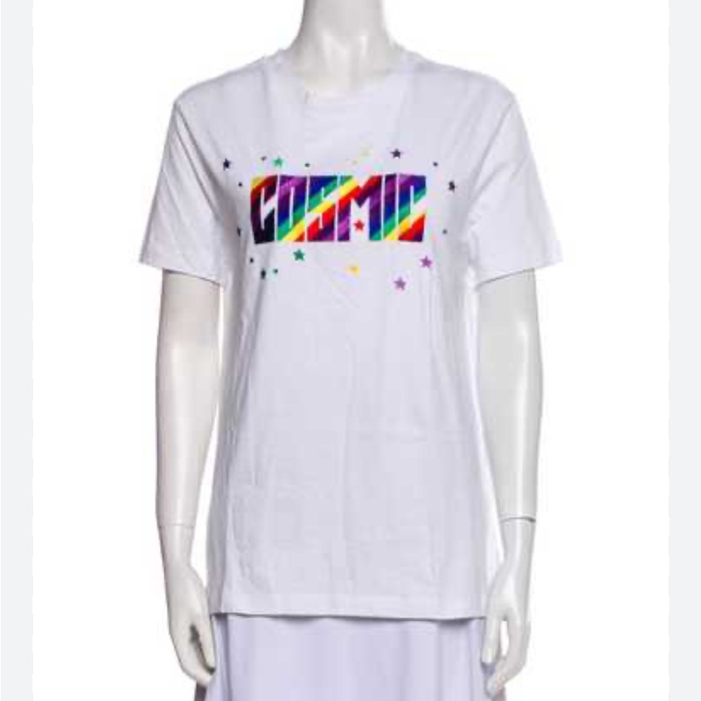 Maje Cosmic White T-Shirt with Rainbow Graphic‎